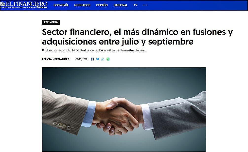 Sector financiero, el ms dinmico en fusiones y adquisiciones entre julio y septiembre